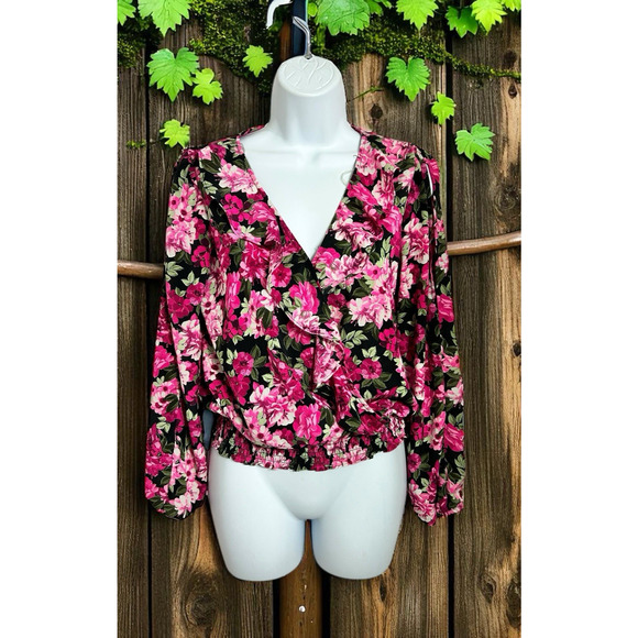 BCX Floral V-Neck Blouse Sz Small Long-Sleeve Smocked Waist Ruffle Top - Picture 1 of 7